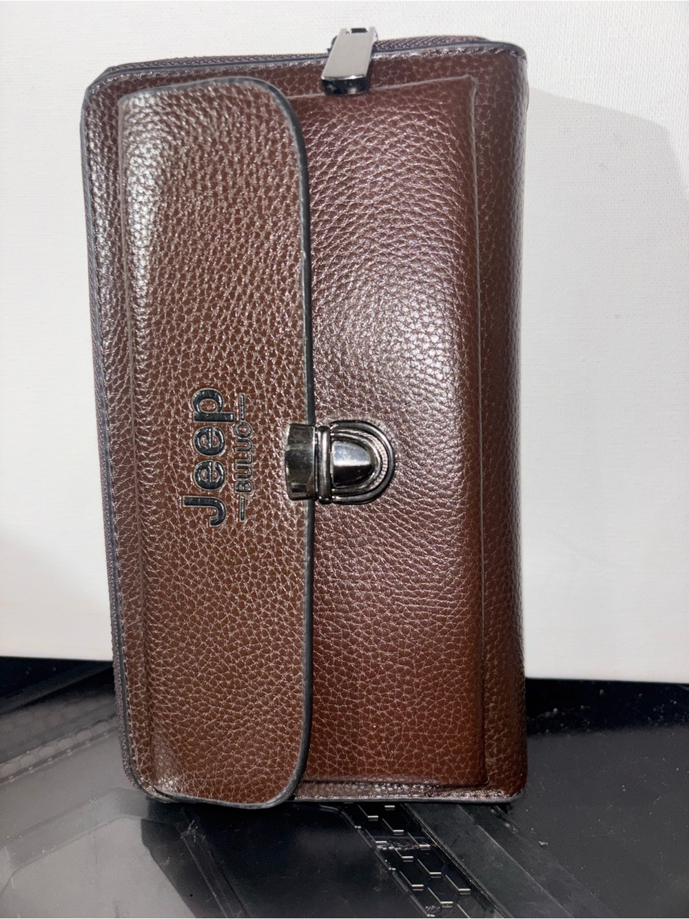 Jeep Brown Leather Clutch Wallet with Front Clasp BULUO grained leather